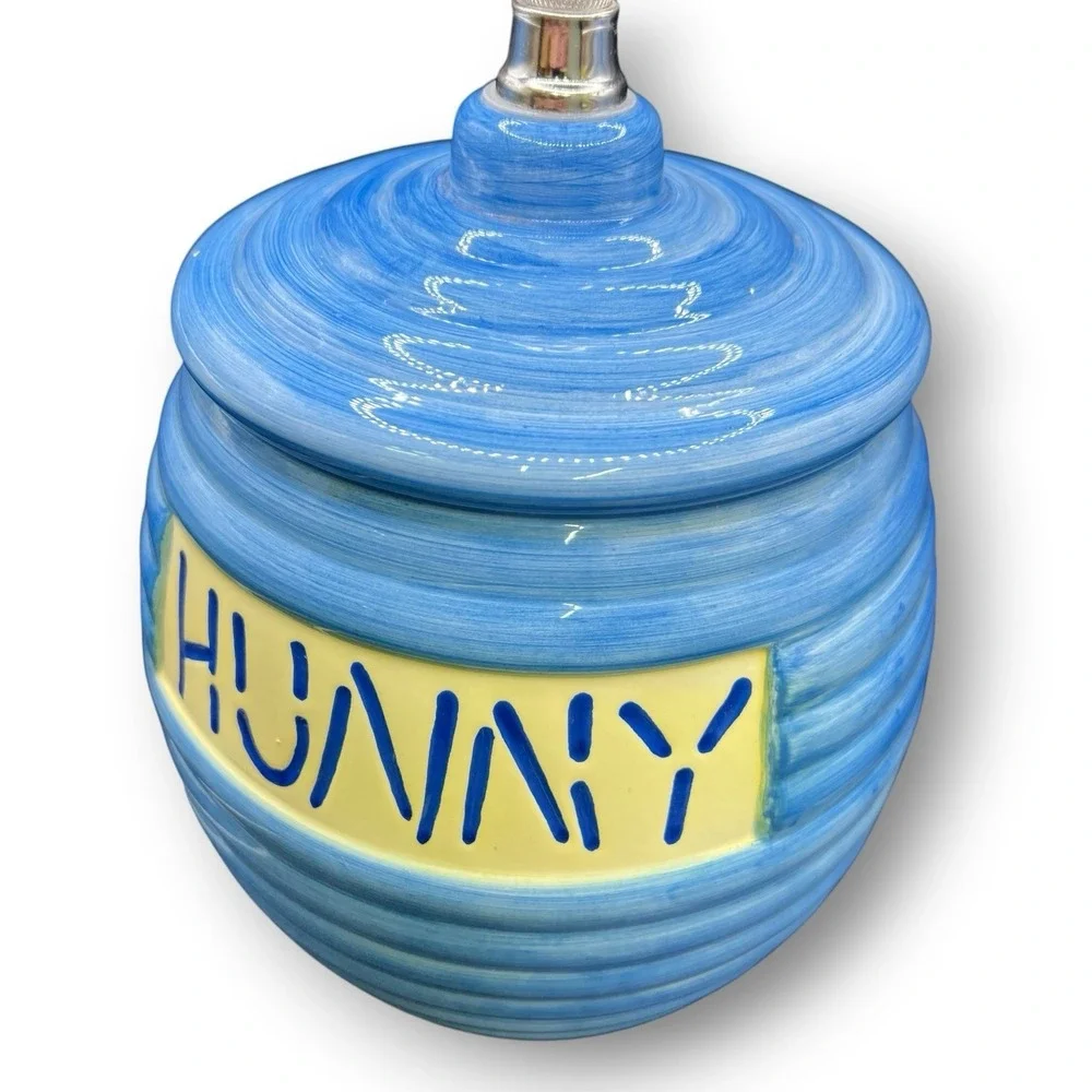 Vintage Disney Winnie The Pooh HUNNY Pot Blue Ceramic Table Lamp Nursery Base